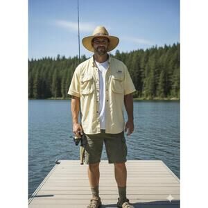 Bimini Bay Outfitters Fishing Shirt Mens LG Yellow Nylon Short Sleeve Cape Vent